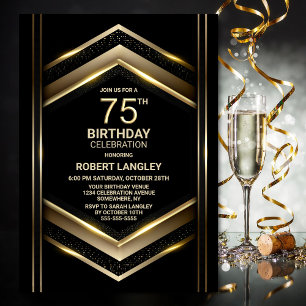 Modern Black Gold 75th Birthday Party Invitation