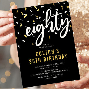 Modern Black & Gold 80th Birthday Party Invitation