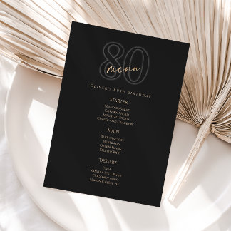 Modern Black Gold 80th Birthday Party Menu Card