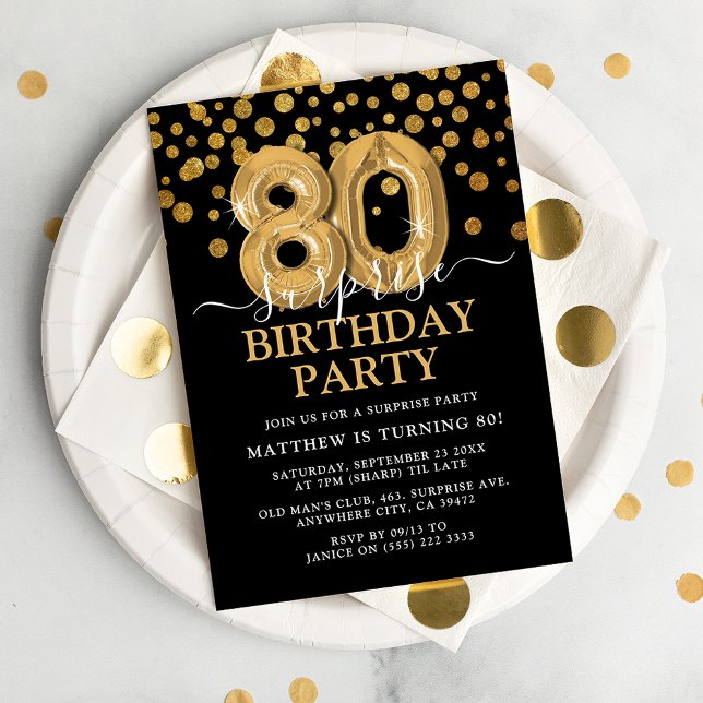 Modern Black & Gold 80th Surprise Birthday Party Invitation (Creator Uploaded)