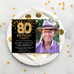 Modern Black & Gold 80th Surprise Birthday Photo Invitation<br><div class="desc">Modern black and gold surprise birthday party invitation for someone who is turning 80! Featuring a black background,  a photograph of the birthday man/woman,  faux gold glitter confetti,  gold 80th birthday balloons and an elegant birthday template that is easy to customise.</div>