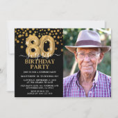 Modern Black & Gold 80th Surprise Birthday Photo Invitation (Front)