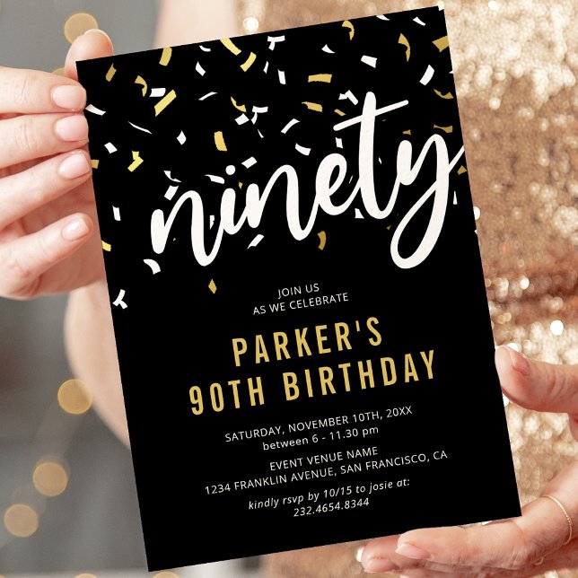 Modern Black & Gold 90th Birthday Party Invitation (Creator Uploaded)