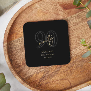 Modern Black Gold 90th Birthday Party Square Pape Paper Coaster