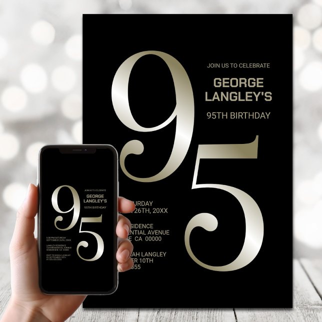 Modern Black Gold 95th Birthday Party Invitation (Creator Uploaded)