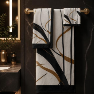 Modern Black & Gold Abstract Line Towel Set