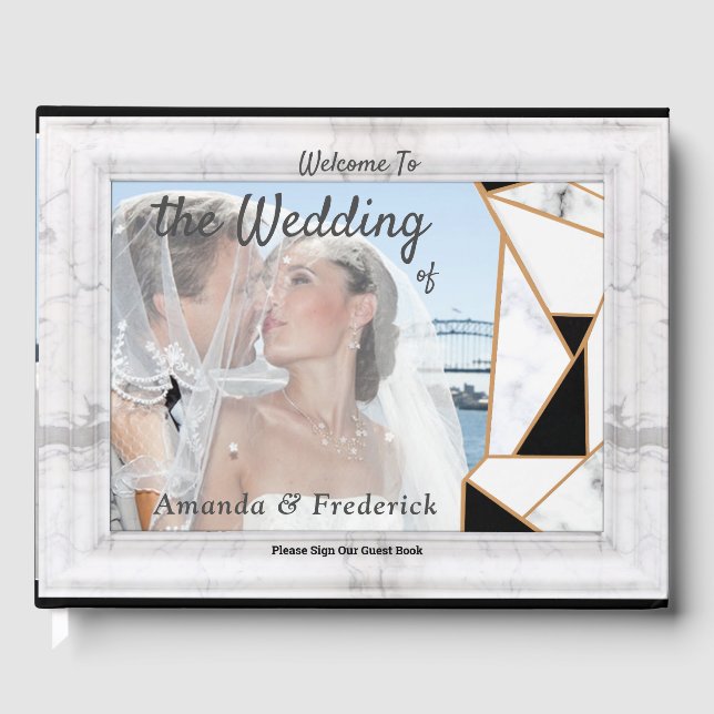 Modern Black Gold Abstract on White Marble Guest Book (Front)