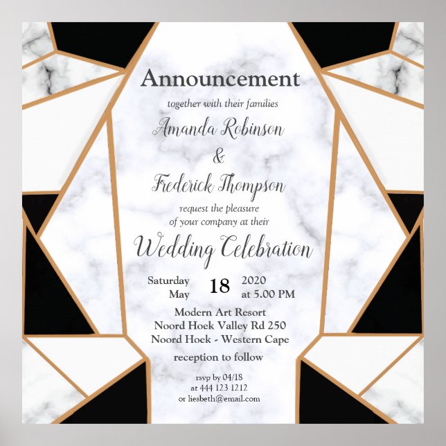 Modern Black Gold Abstract on White Marble Poster (Front)