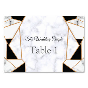 Modern Black Gold Abstract on White Marble Table Number