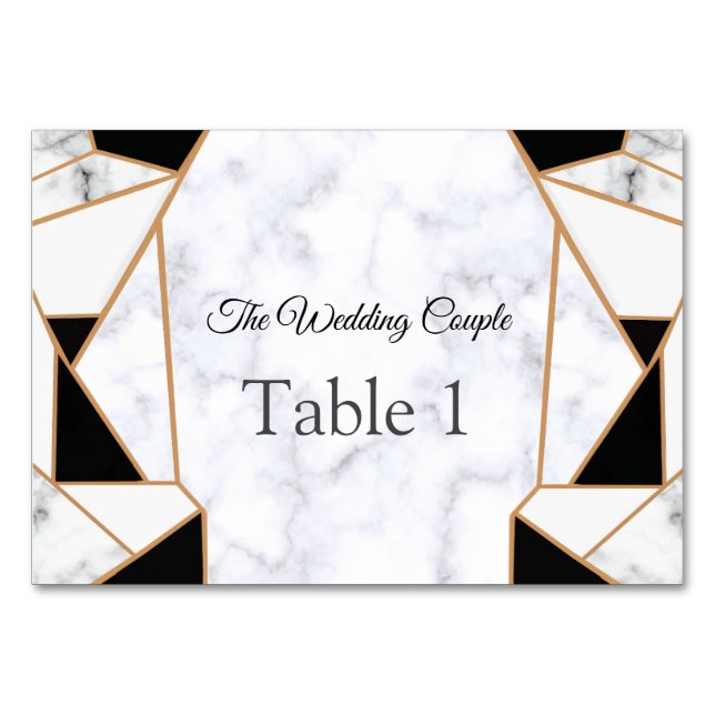 Modern Black Gold Abstract on White Marble Table Number (Front)