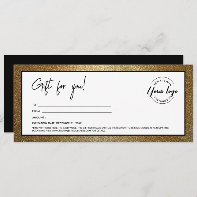 Modern Black Gold Add Logo Gift Certificate Invitation (Front/Back)