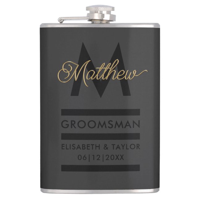 Modern Black & Gold Add Name & Monogram Groomsmans Hip Flask (Front)