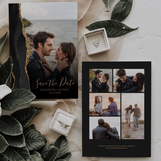 Modern Black Gold Agate 6-Photo Save the Date Card (Creator Uploaded)