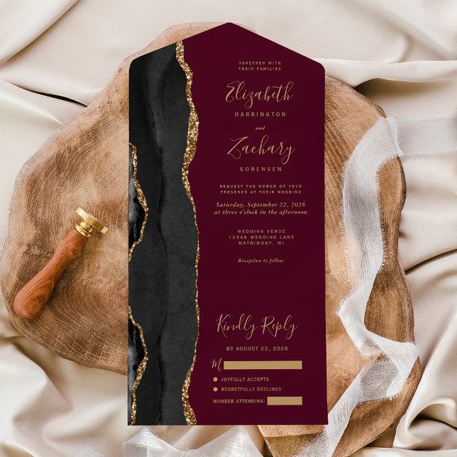 Modern Black Gold Agate Burgundy Wedding All In One Invitation (Creator Uploaded)