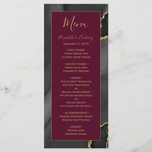 Modern Black Gold Agate Burgundy Wedding Menu (Front)