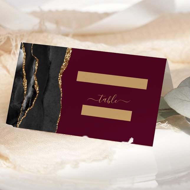Modern Black Gold Agate Burgundy Wedding Table Place Card (Creator Uploaded)