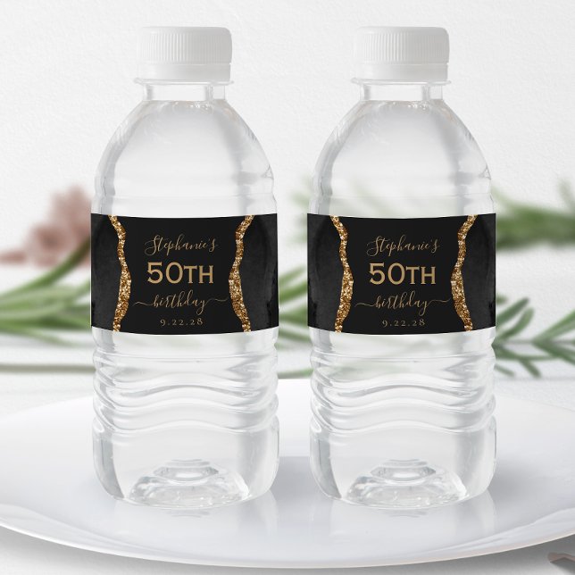 Modern Black Gold Agate Dark 50th Birthday Water Bottle Label (Creator Uploaded)