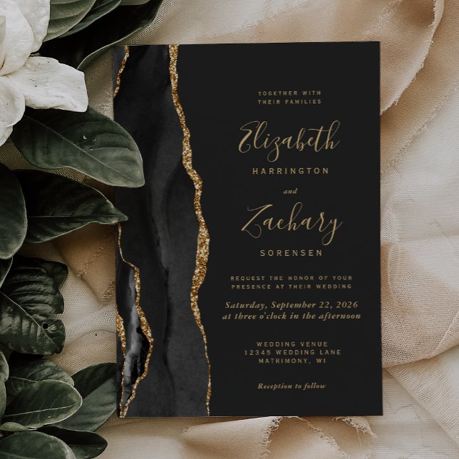 Modern Black Gold Agate Dark Wedding Invitation (Creator Uploaded)