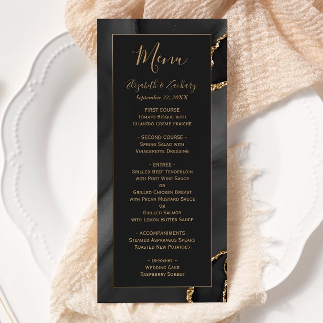 Modern Black Gold Agate Dark Wedding Menu (Creator Uploaded)