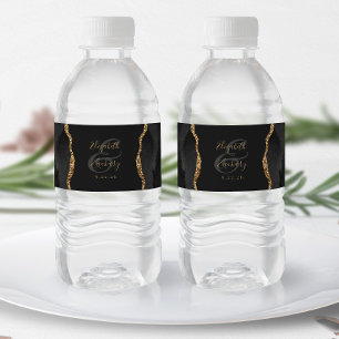 Modern Black Gold Agate Dark Wedding Water Bottle Label
