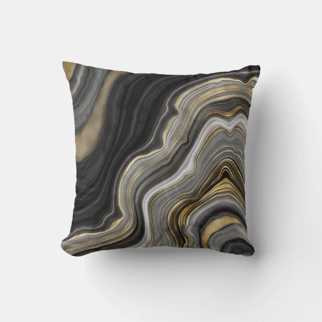 Modern Black & Gold Agate Gemstone Cushion (Front)