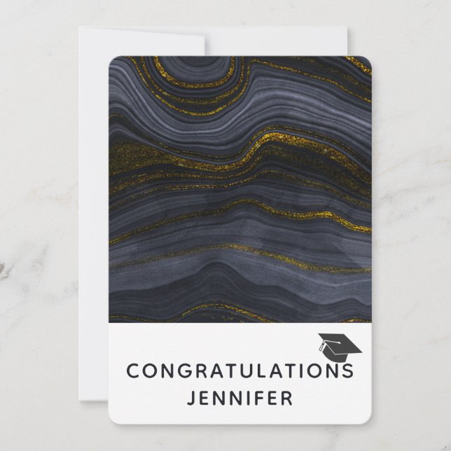 Modern Black & Gold Agate Graduation Cap Holiday Card (Front)