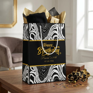 Modern Black & Gold Agate Happy Birthday  Medium Gift Bag