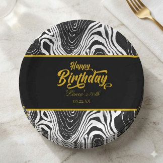 Modern Black & Gold Agate Happy Birthday  Paper Plate