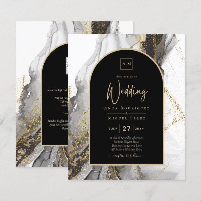 Modern Black Gold Agate Marble Glitter Wedding (Front/Back)