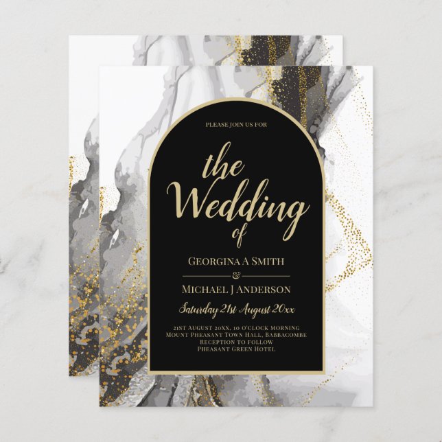 Modern Black Gold Agate Marble Glitter Wedding (Front/Back)