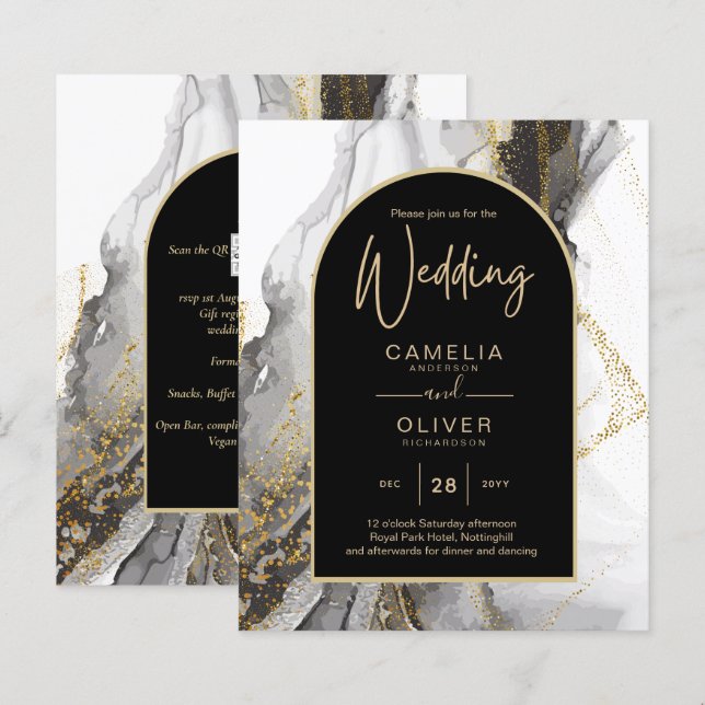 Modern Black Gold Agate Marble Glitter Wedding (Front/Back)