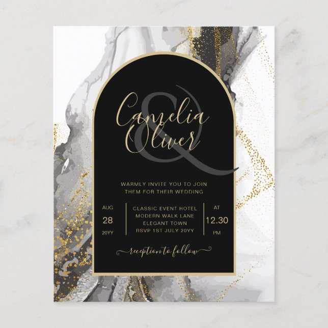 Modern Black Gold Agate Marble Glitter Wedding Flyer (Front)