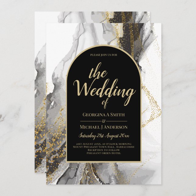 Modern Black Gold Agate Marble Glitter Wedding Invitation (Front/Back)
