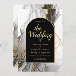 Modern Black Gold Agate Marble Glitter Wedding Invitation