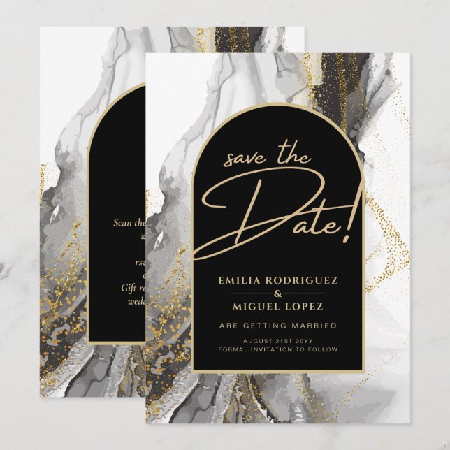 Modern Black Gold Agate Marble Glitter Wedding Invitation (Front/Back)