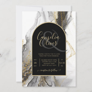 Modern Black Gold Agate Marble Glitter Wedding Invitation