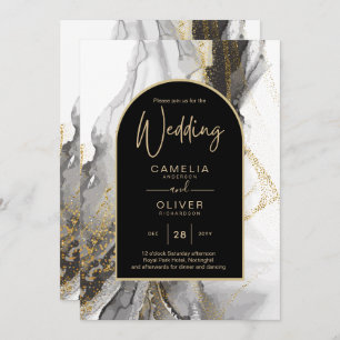 Modern Black Gold Agate Marble Glitter Wedding Invitation
