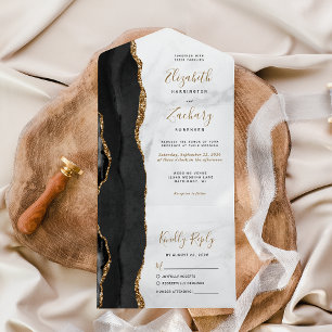 Modern Black Gold Agate Marble Wedding All In One Invitation