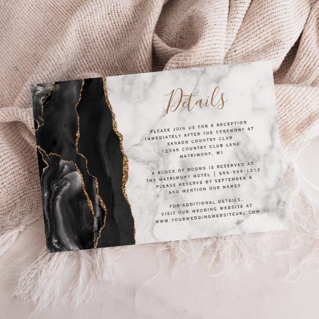 Modern Black Gold Agate Marble Wedding Details Enclosure Card (Creator Uploaded)