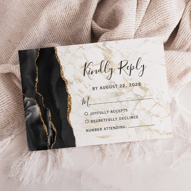 Modern Black Gold Agate Marble Wedding RSVP Card (Creator Uploaded)