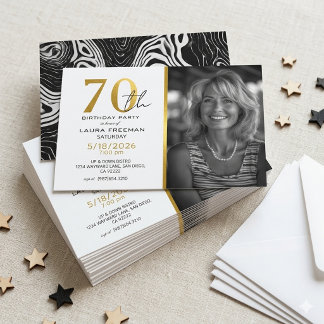 Modern Black & Gold Agate Photo 70th Birthday Invi Invitation