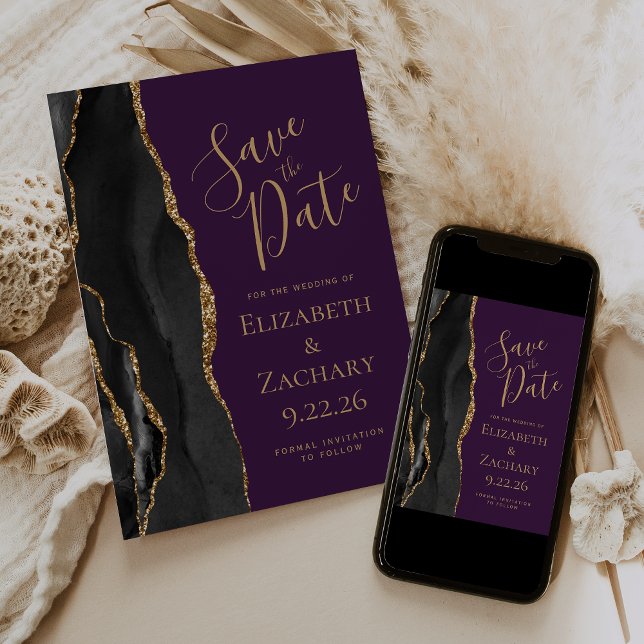 Modern Black Gold Agate Purple Save the Date Card (Creator Uploaded)