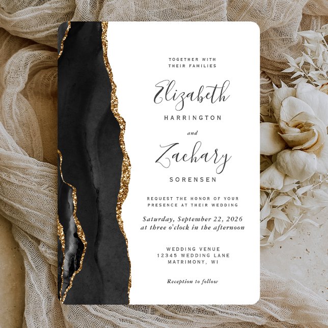 Modern Black Gold Agate Rounded Wedding Invitation (Creator Uploaded)