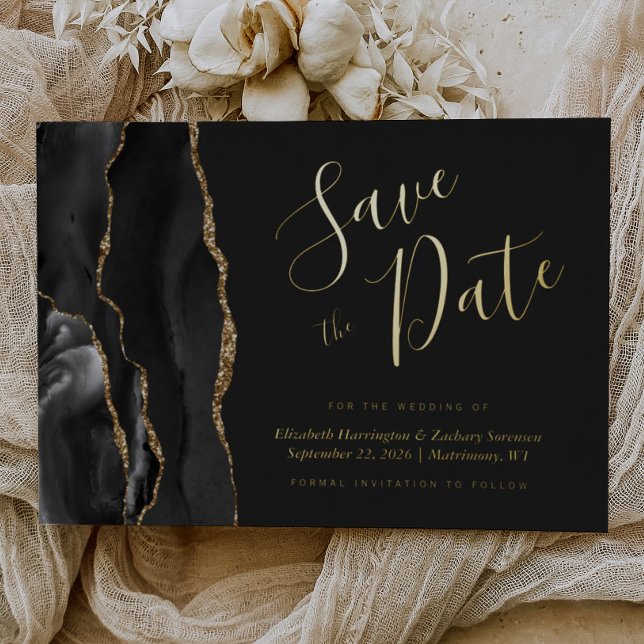 Modern Black Gold Agate Save the Date (Creator Uploaded)