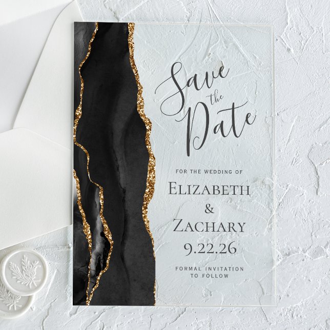 Modern Black Gold Agate Save the Date Acrylic Invitations (Creator Uploaded)