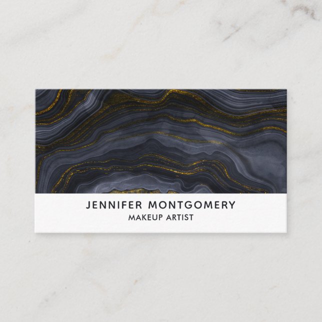 Modern Black & Gold Agate Stone Abstract Business Card (Front)