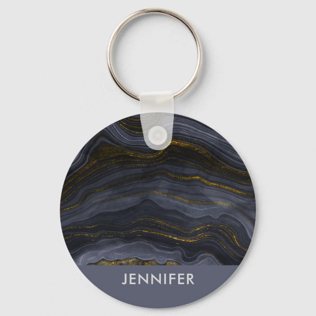 Modern Black & Gold Agate Stone Abstract Key Ring (Front)