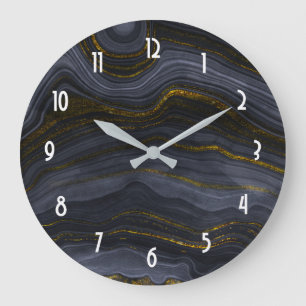 Modern Black & Gold Agate Stone Abstract Large Clock