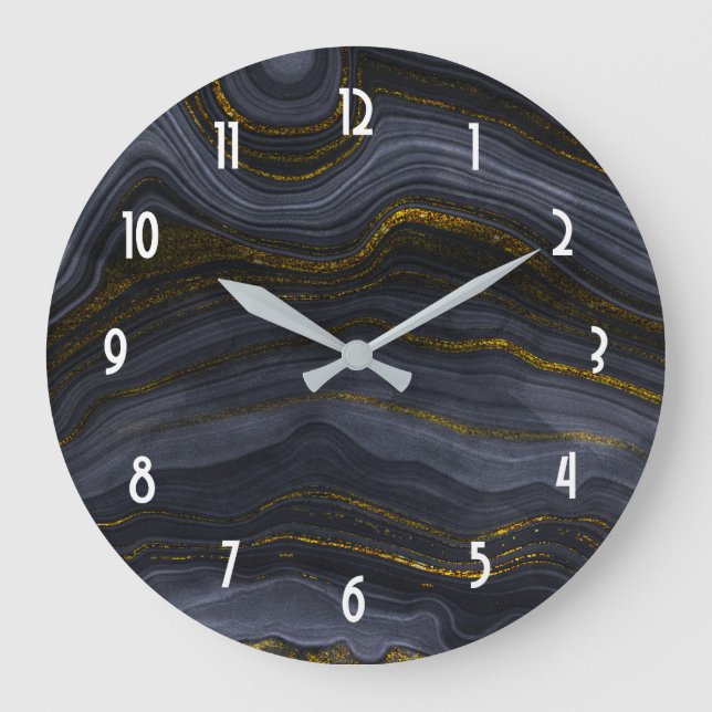 Modern Black & Gold Agate Stone Abstract Large Clock (Front)