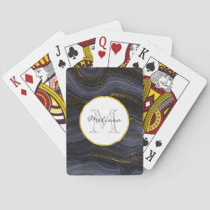 Modern Black & Gold Agate Stone Abstract Monogram Playing Cards